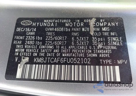 2015 Hyundai Tucson Gls из США, поврежденный, VIN KM8JTCAF6FU052102